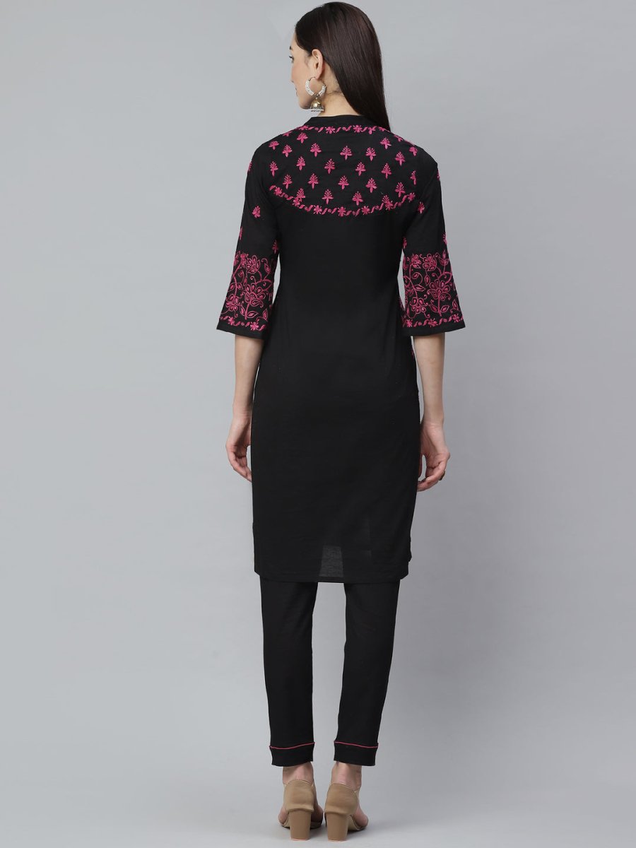 ADA Women Black & Pink Chikankari Hand Embroidered Sustainable Handloom Kurta with Trousers | Swadesiicart