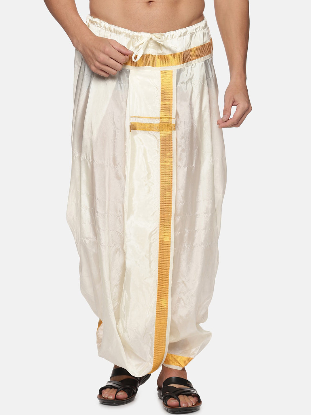 Sethukrishna Men Cream-Coloured & Gold-Coloured Solid Art Silk Dhoti Pants | Swadesiicart