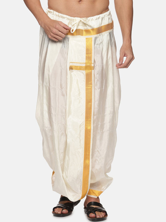 Sethukrishna Men Cream-Coloured & Gold-Coloured Solid Art Silk Dhoti Pants | Swadesiicart