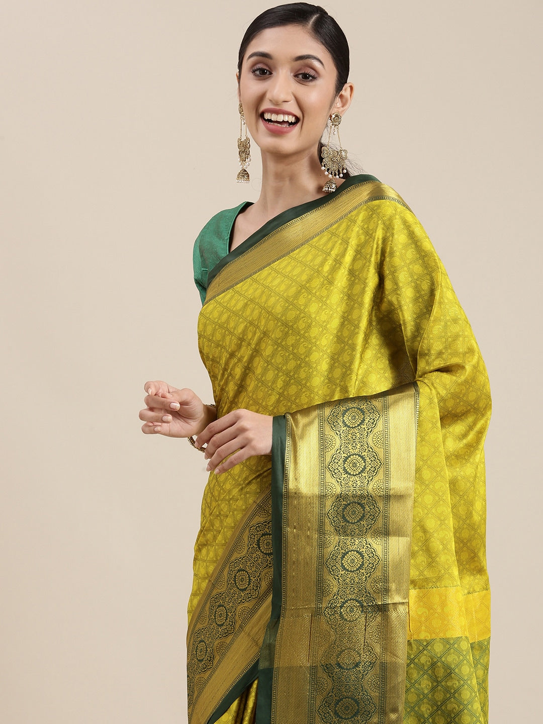 Mitera Olive Green Ethnic Motifs Zari Silk Cotton Banarasi Saree | Swadesiicart