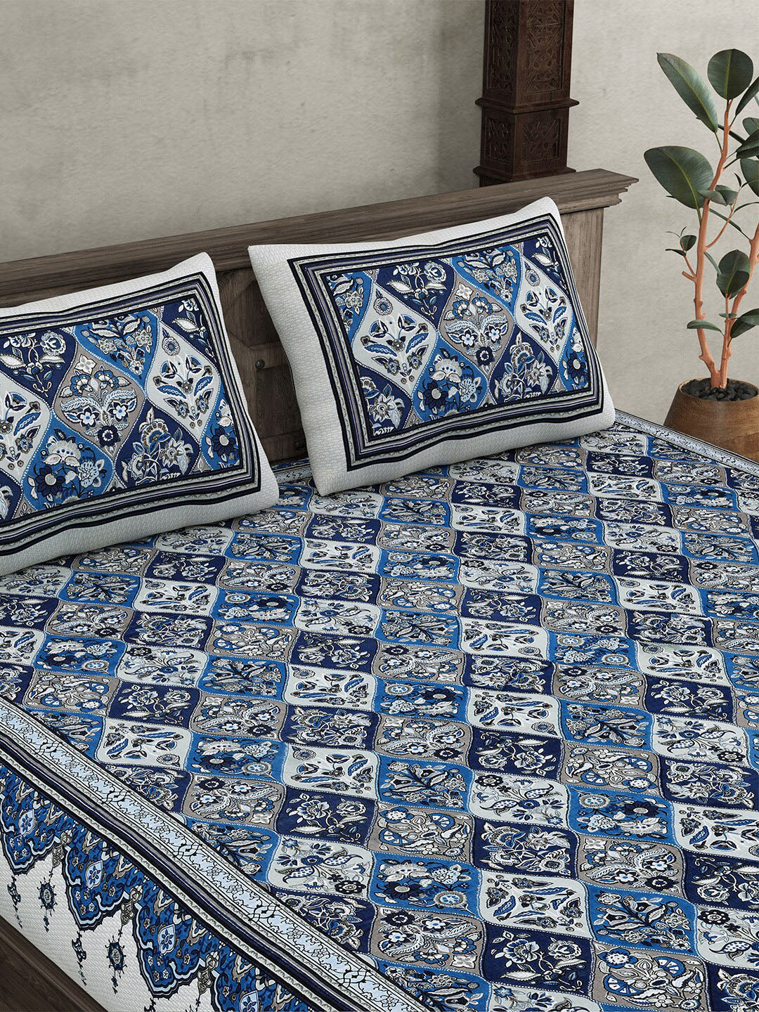 JAIPUR FABRIC Festival Waves Blue & White Cotton 210 TC Queen Bedsheet & 2 Pillow Covers | Swadesiicart
