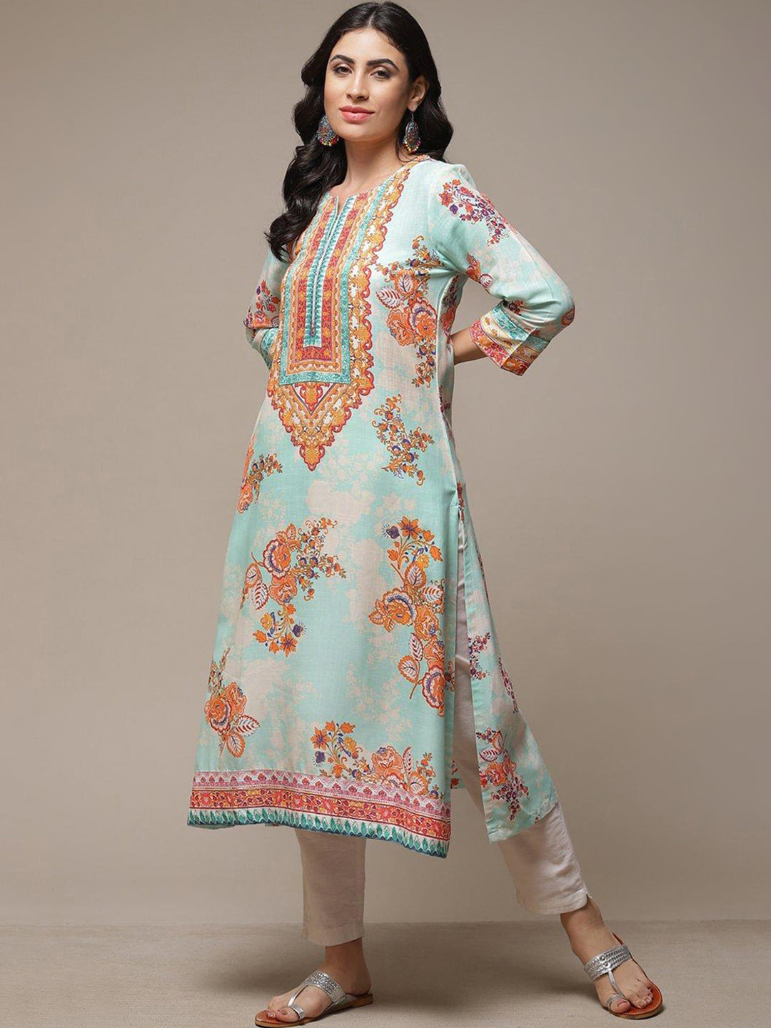 Biba Ethnic Motifs Printed Notched Neck A-Line Kurta - Swadesiicart