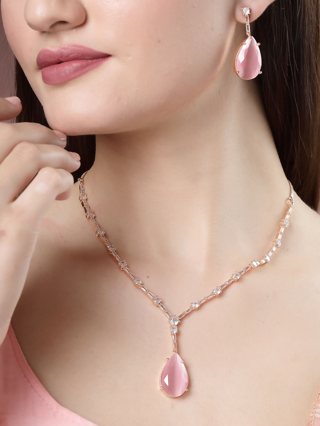 NVR Women's Rose Gold Artificial Stones Studded Handcrafted Jewellery Set - NR Retail-NVR