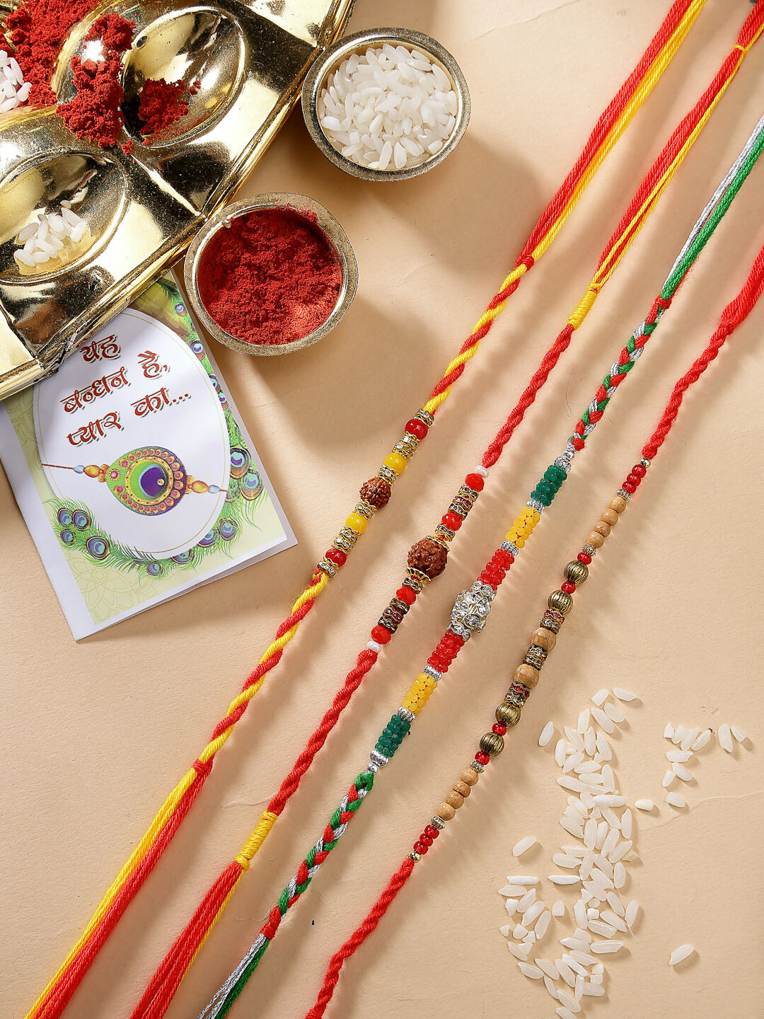 NVR Women & Men Set of 4 Multicolor Artificial stone and beads Rakhi With Roli Chawal & Chocolate | Swadesiicart