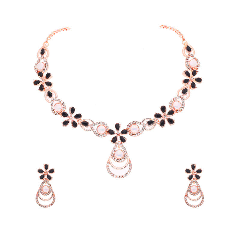 Tehzeeb Creations Rose Gold-Polished Black Colour Necklace With Stud - Swadesiicart