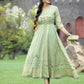 Juniper Sage Green Georgette Festive Foil Printed Flared Maxi For Women | Swadesiicart