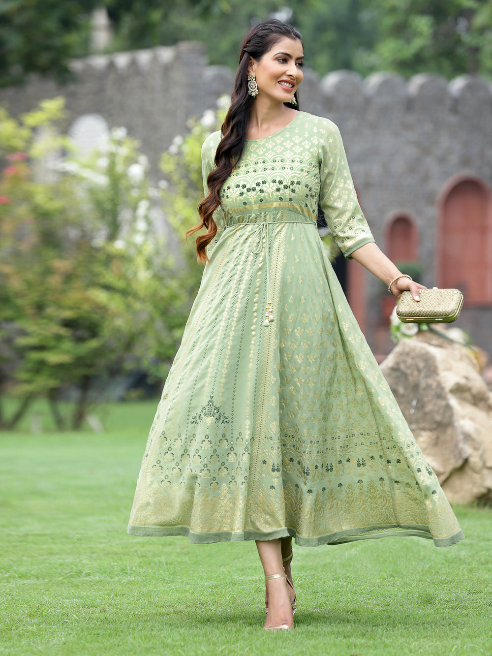 Juniper Sage Green Georgette Festive Foil Printed Flared Maxi For Women | Swadesiicart