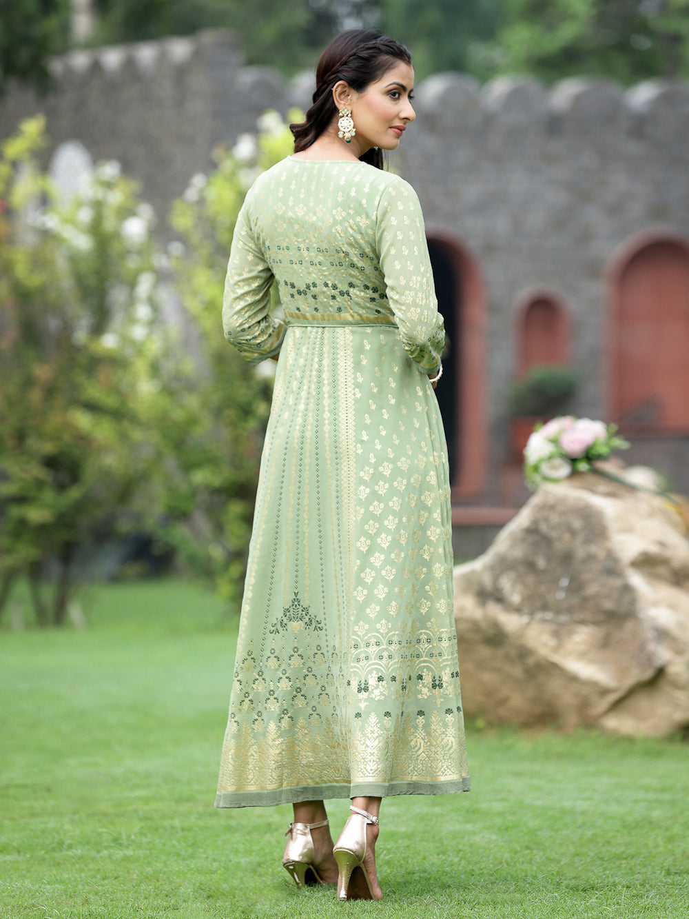 Juniper Sage Green Georgette Festive Foil Printed Flared Maxi For Women | Swadesiicart