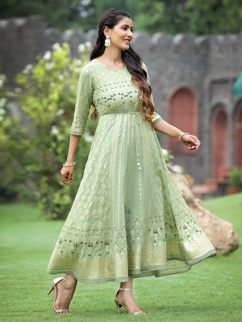 Juniper Sage Green Georgette Festive Foil Printed Flared Maxi For Women | Swadesiicart