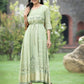 Juniper Sage Green Georgette Festive Foil Printed Flared Maxi For Women | Swadesiicart