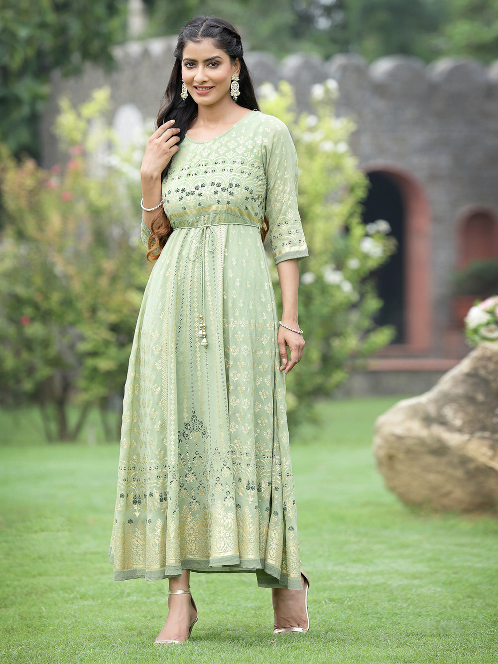 Juniper Sage Green Georgette Festive Foil Printed Flared Maxi For Women | Swadesiicart