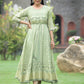 Juniper Sage Green Georgette Festive Foil Printed Flared Maxi For Women | Swadesiicart
