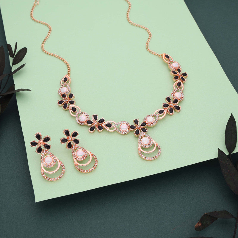 Tehzeeb Creations Rose Gold-Polished Black Colour Necklace With Stud - Swadesiicart