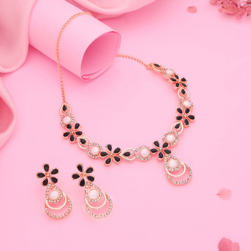 Tehzeeb Creations Rose Gold-Polished Black Colour Necklace With Stud - Swadesiicart