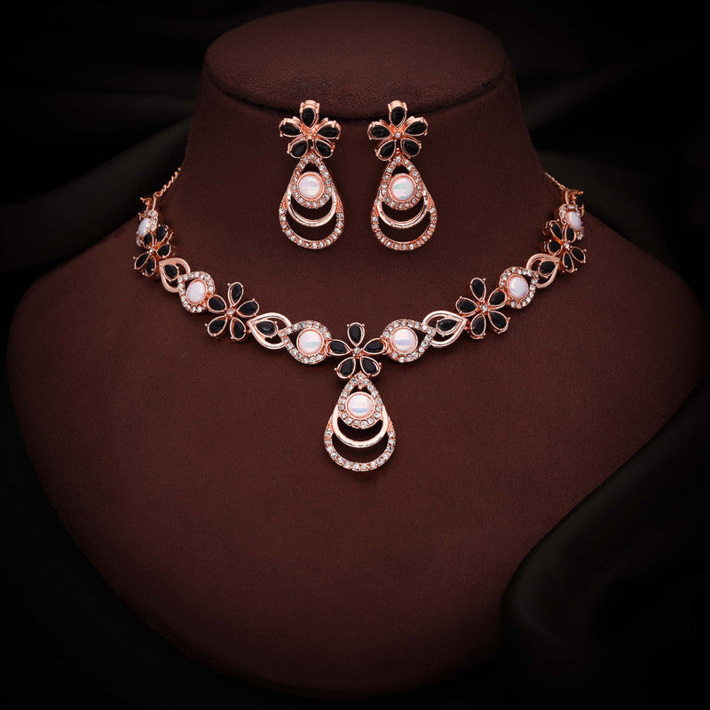 Tehzeeb Creations Rose Gold-Polished Black Colour Necklace With Stud - Swadesiicart