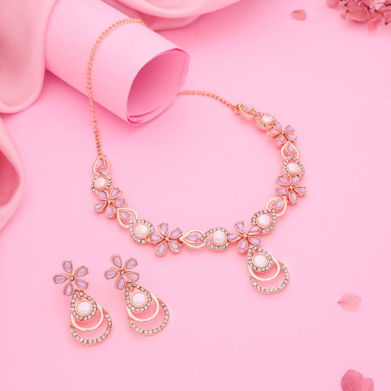 Tehzeeb Creations Rose Gold-Polished Lavender Colour Necklace With Stud - Swadesiicart