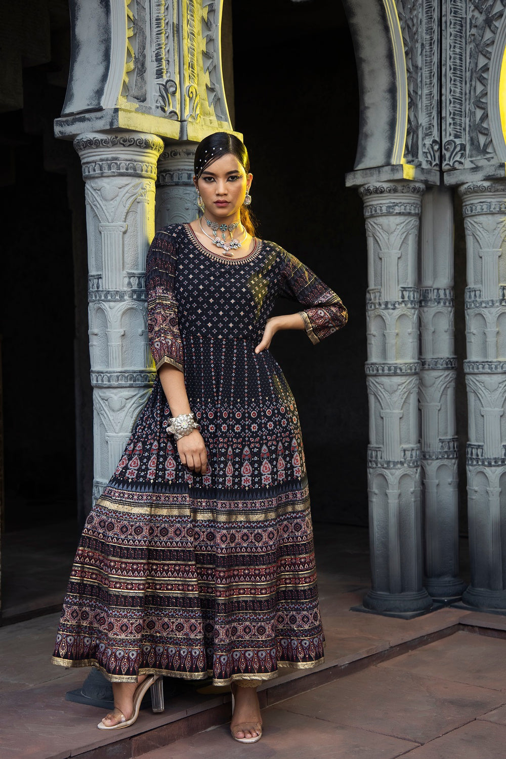 Juniper Black Georgette Festive Printed Flared Anarkali Kurta For Women | Swadesiicart