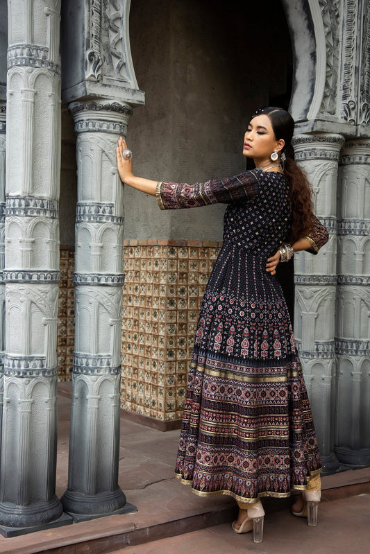 Juniper Black Georgette Festive Printed Flared Anarkali Kurta For Women | Swadesiicart