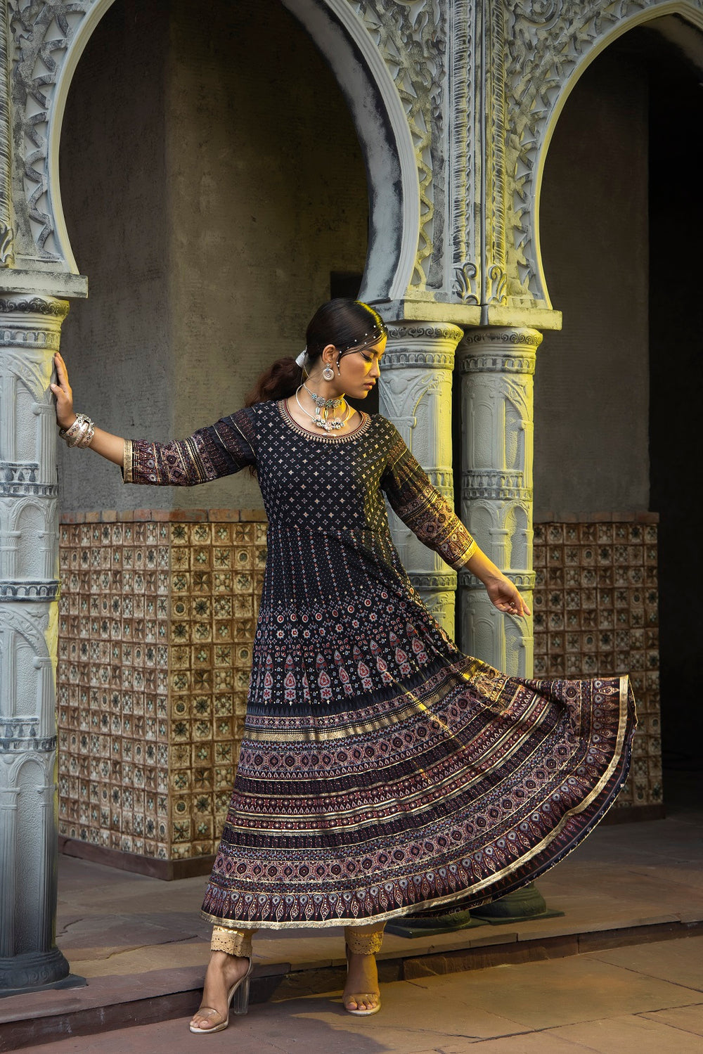 Juniper Black Georgette Festive Printed Flared Anarkali Kurta For Women | Swadesiicart