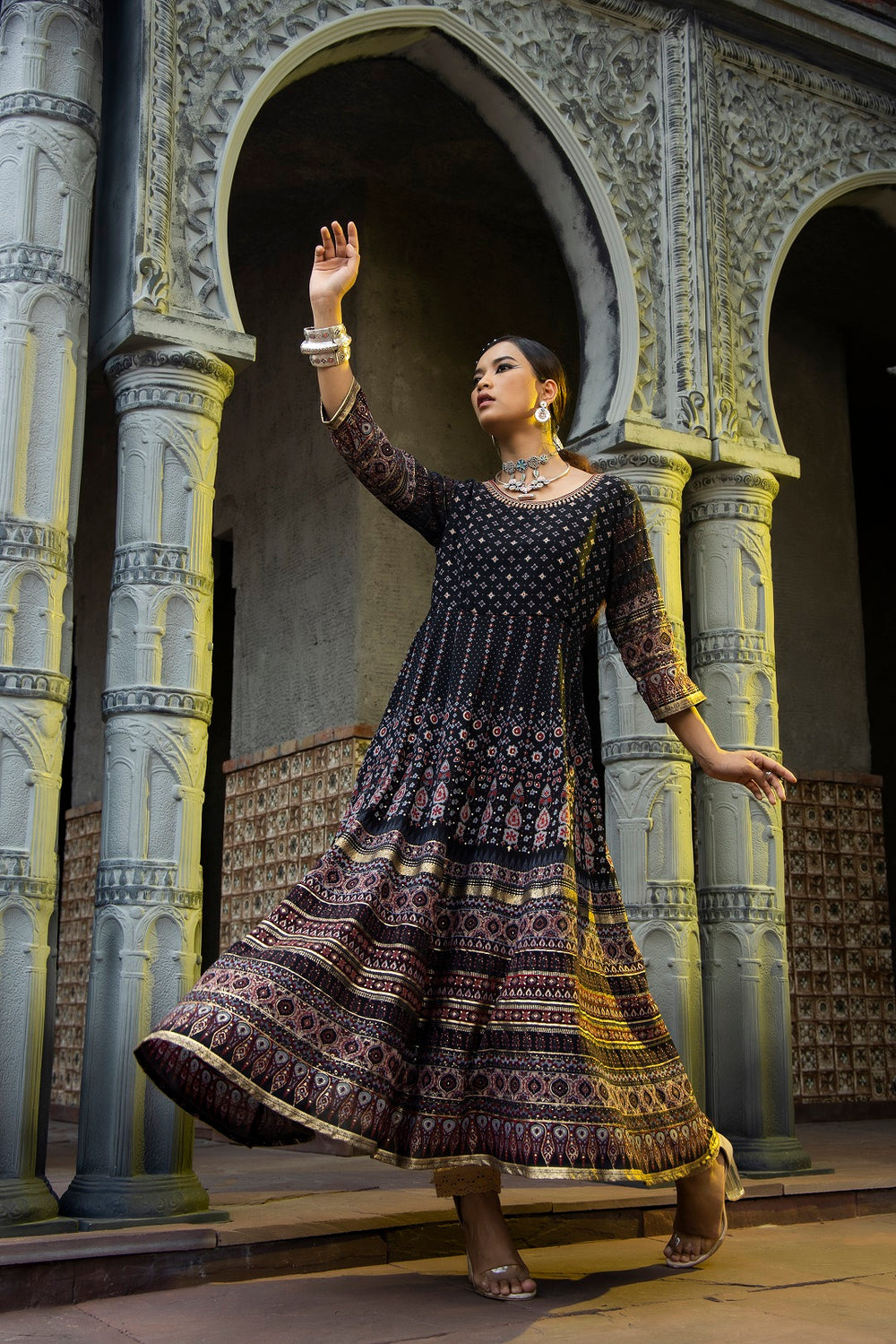 Juniper Black Georgette Festive Printed Flared Anarkali Kurta For Women | Swadesiicart