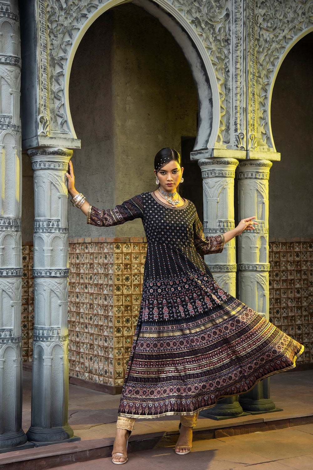 Juniper Black Georgette Festive Printed Flared Anarkali Kurta For Women | Swadesiicart