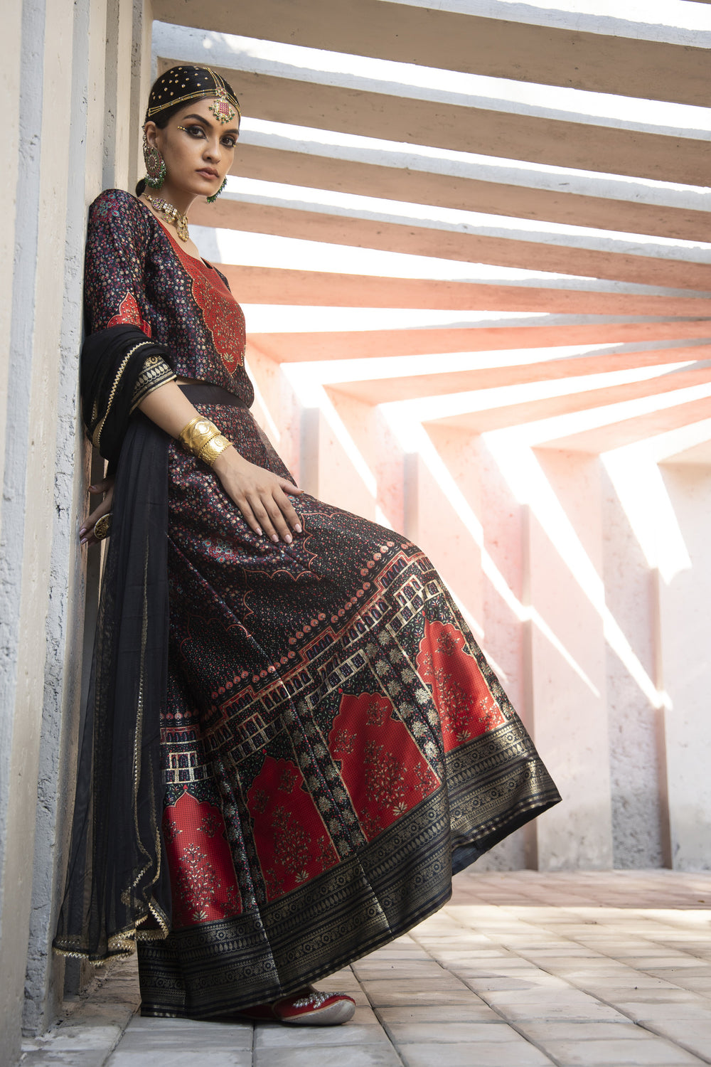 Juniper Black Dull Satin Festive Printed Crop Choli-Skirt Dupatta For Women | Swadesiicart