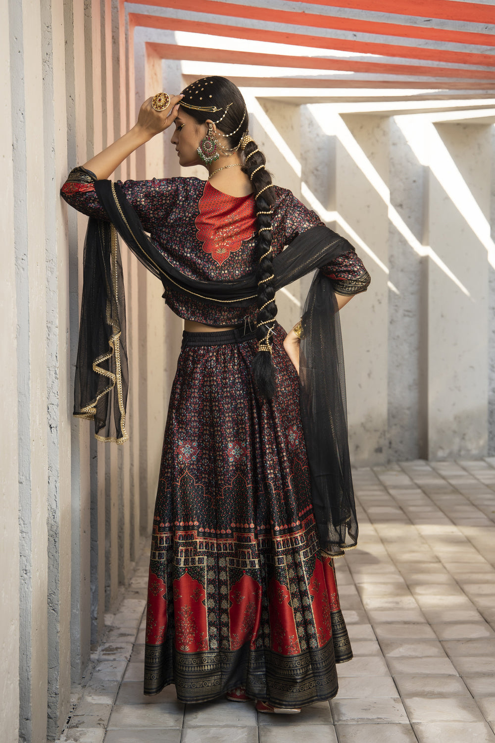 Juniper Black Dull Satin Festive Printed Crop Choli-Skirt Dupatta For Women | Swadesiicart