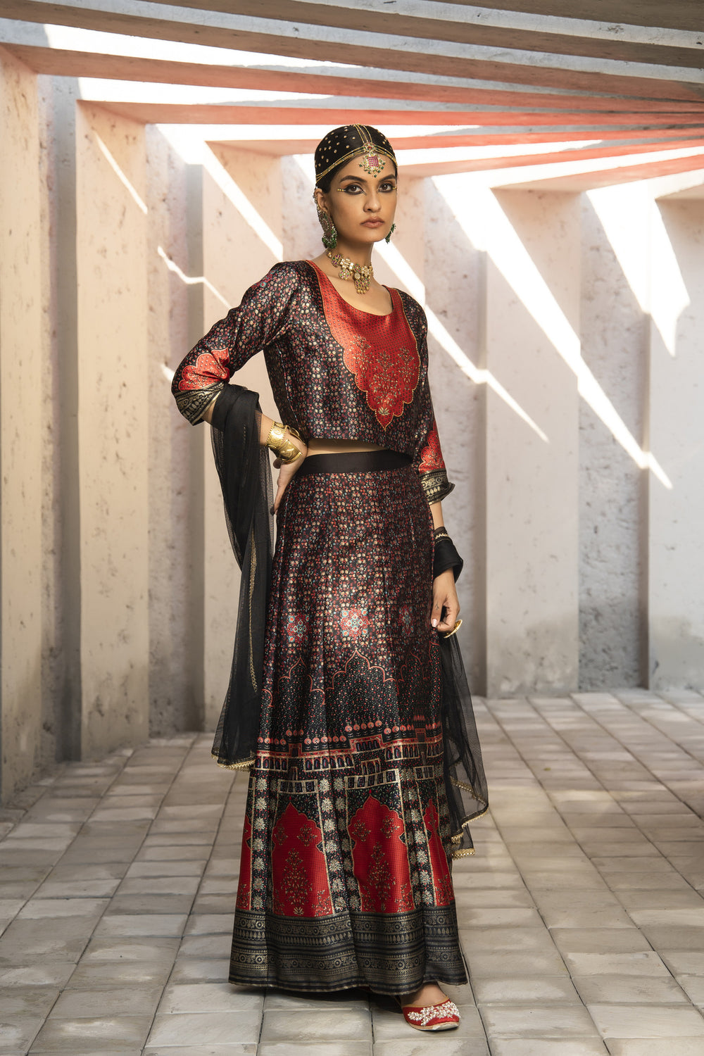 Juniper Black Dull Satin Festive Printed Crop Choli-Skirt Dupatta For Women | Swadesiicart