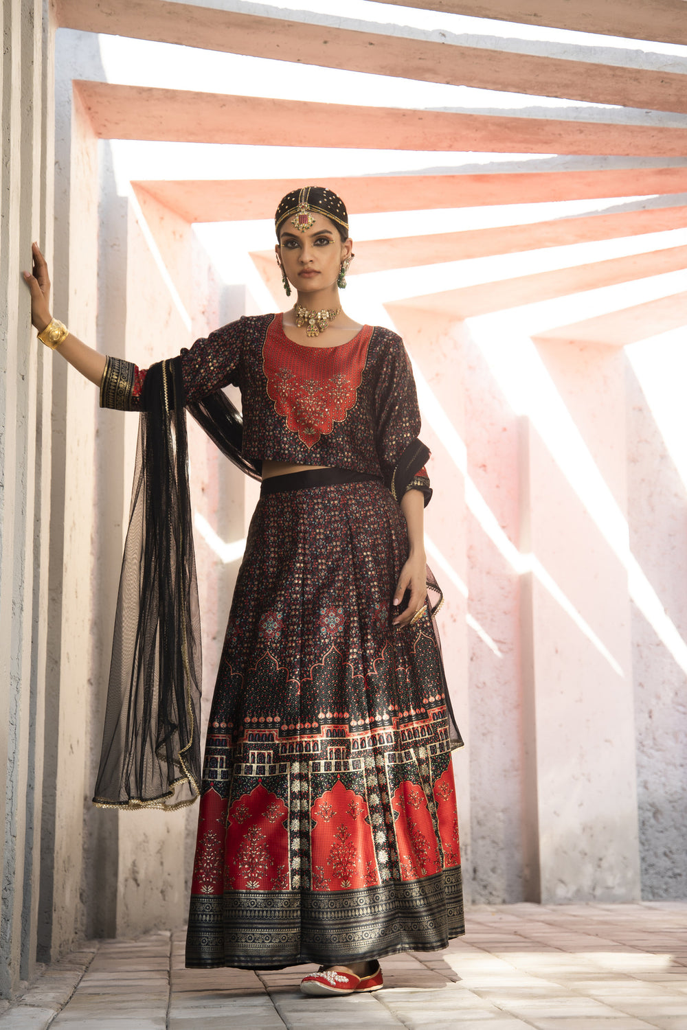 Juniper Black Dull Satin Festive Printed Crop Choli-Skirt Dupatta For Women | Swadesiicart