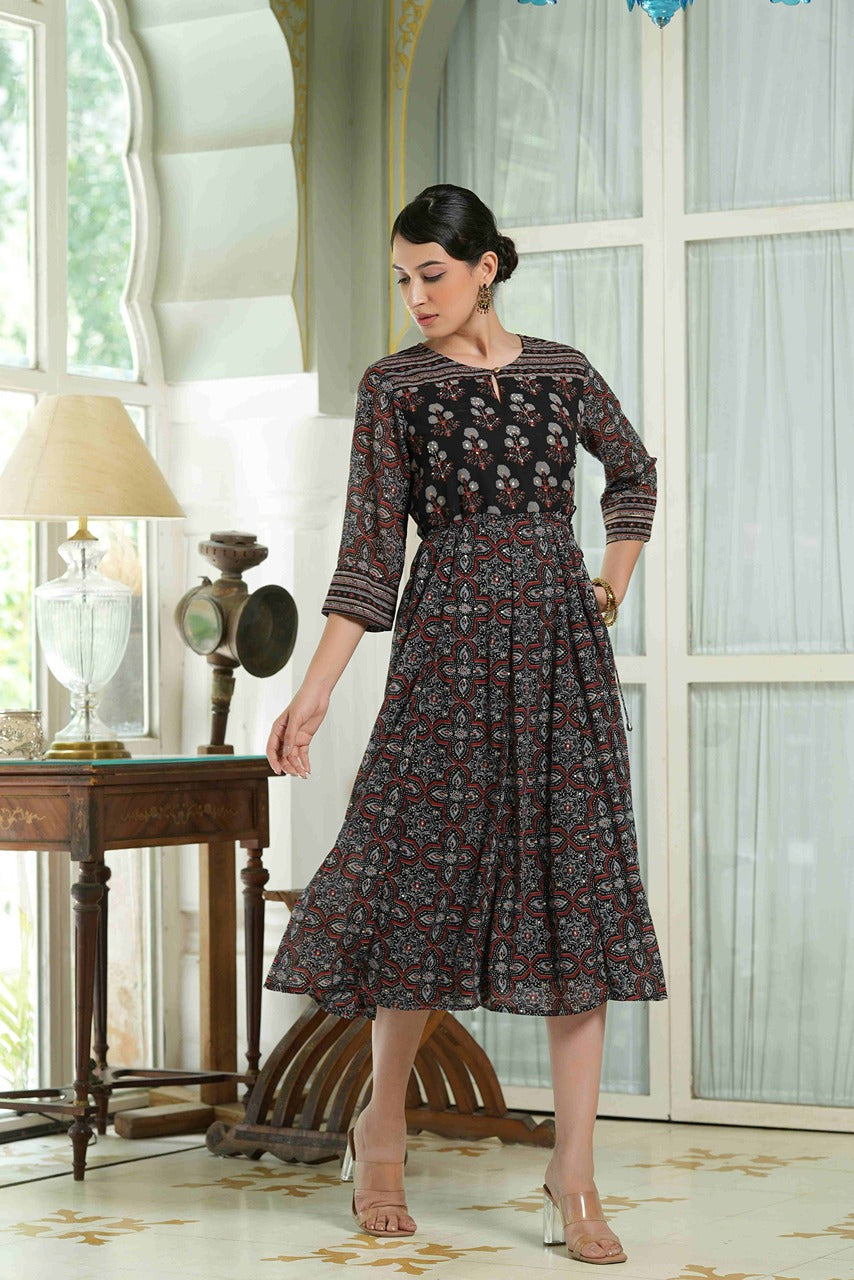 Juniper Black Georgette Festive Printed Anarkali Flared Anarkali Kurta For Women | Swadesiicart