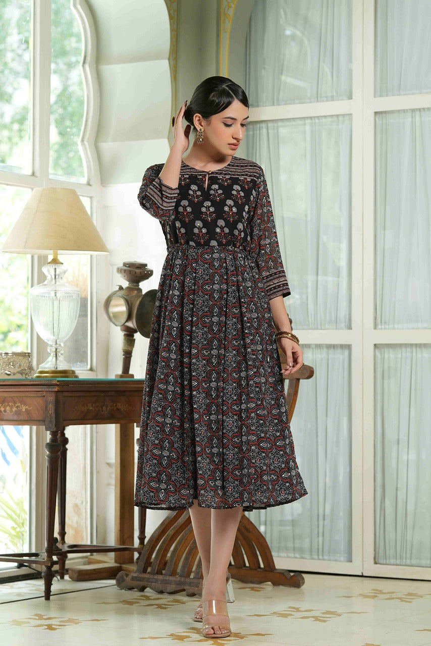 Juniper Black Georgette Festive Printed Anarkali Flared Anarkali Kurta For Women | Swadesiicart