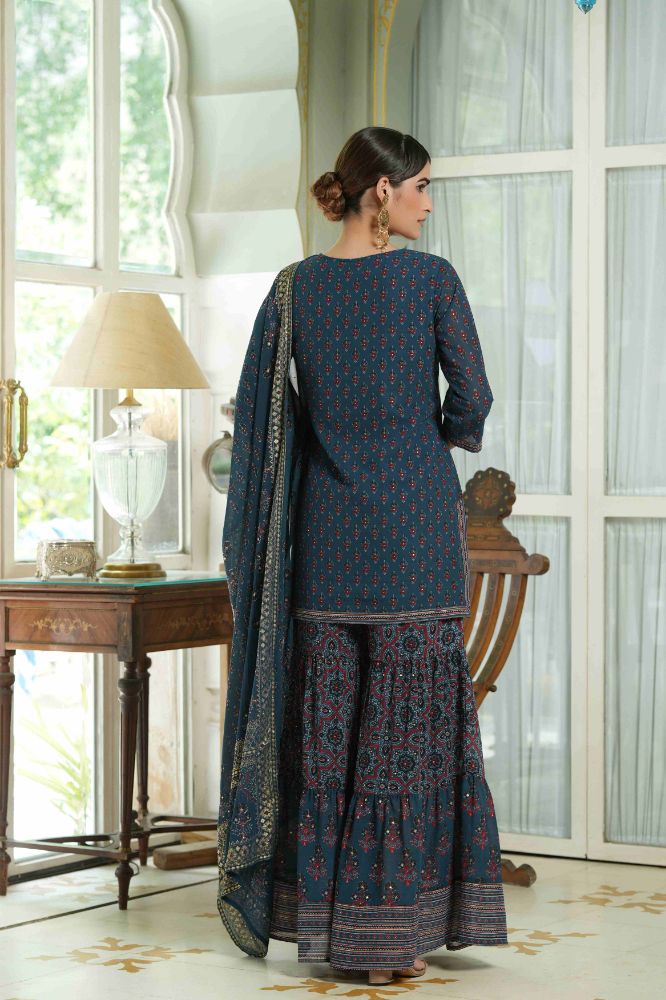 Juniper Teal Georgette Festive Floral Print Straight Tunic-Sharara Dupatta For Women | Swadesiicart