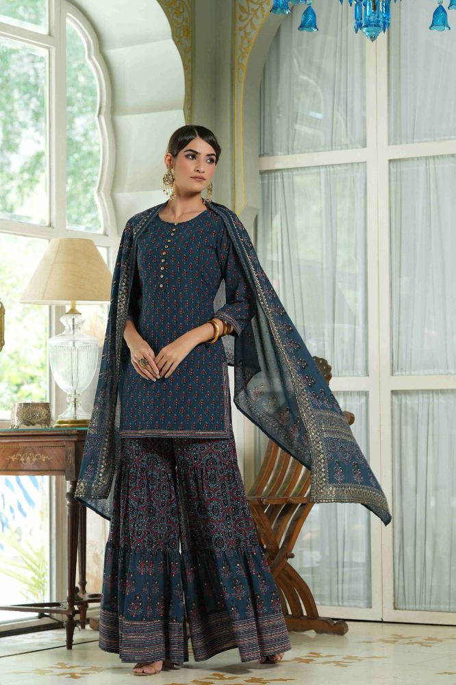 Juniper Teal Georgette Festive Floral Print Straight Tunic-Sharara Dupatta For Women | Swadesiicart