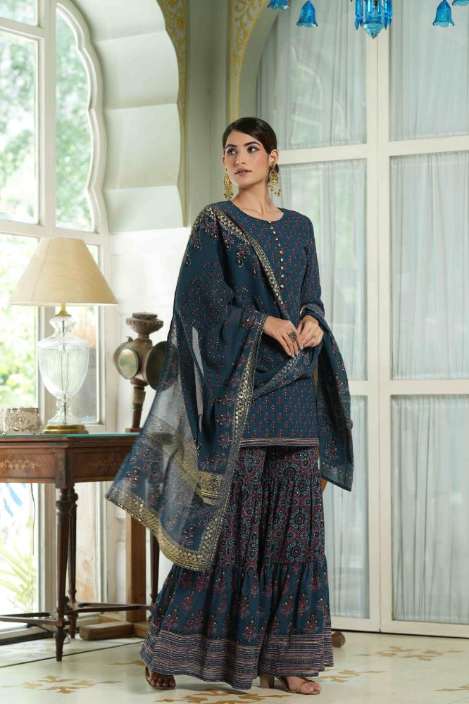 Juniper Teal Georgette Festive Floral Print Straight Tunic-Sharara Dupatta For Women | Swadesiicart
