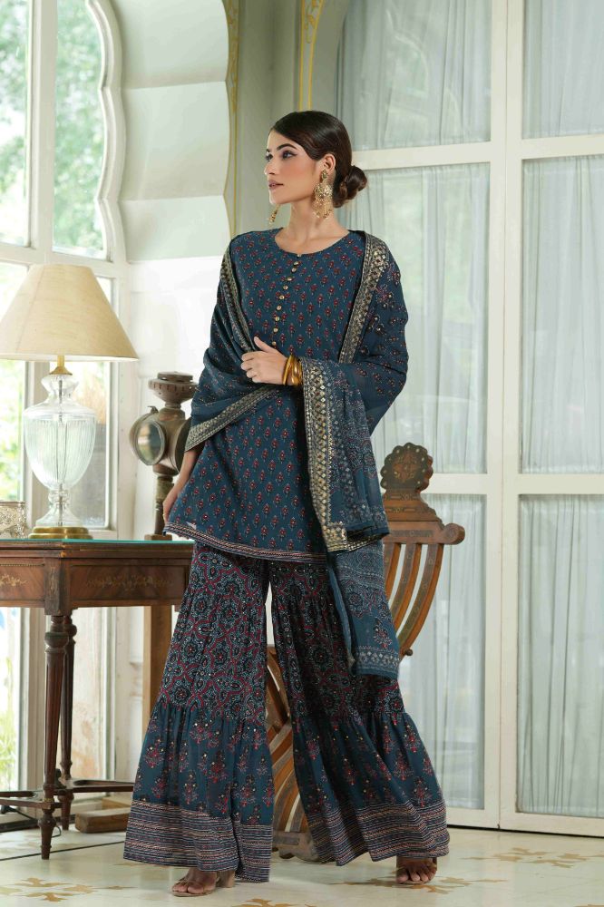 Juniper Teal Georgette Festive Floral Print Straight Tunic-Sharara Dupatta For Women | Swadesiicart