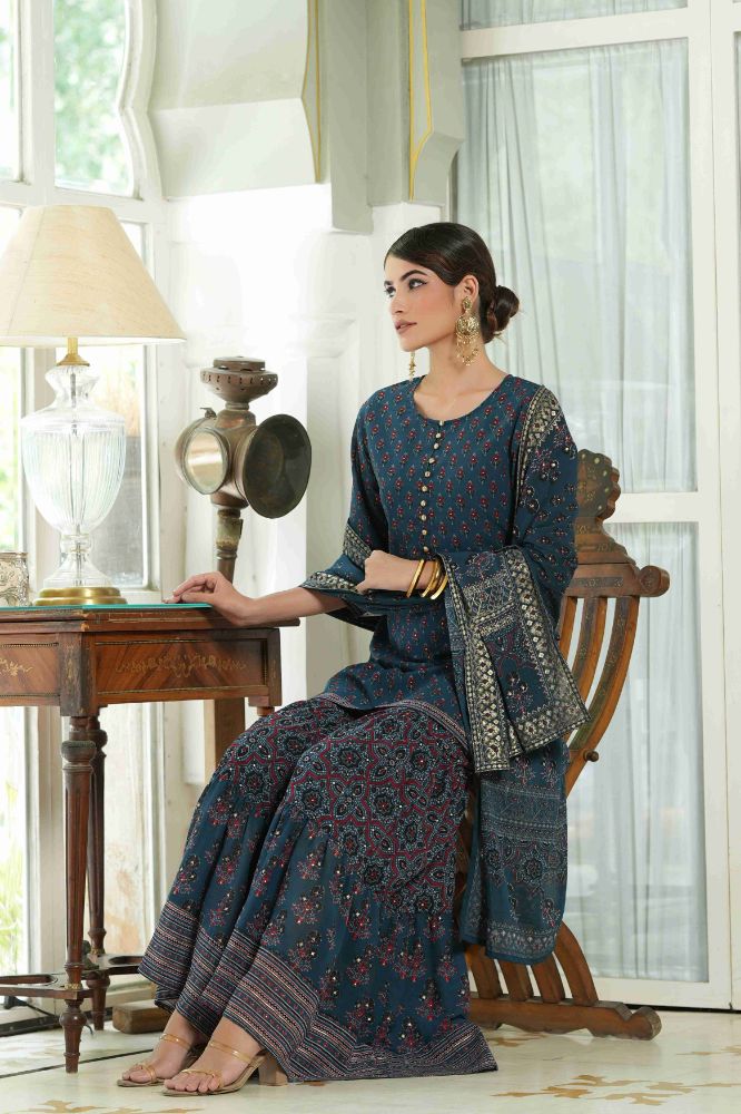Juniper Teal Georgette Festive Floral Print Straight Tunic-Sharara Dupatta For Women | Swadesiicart