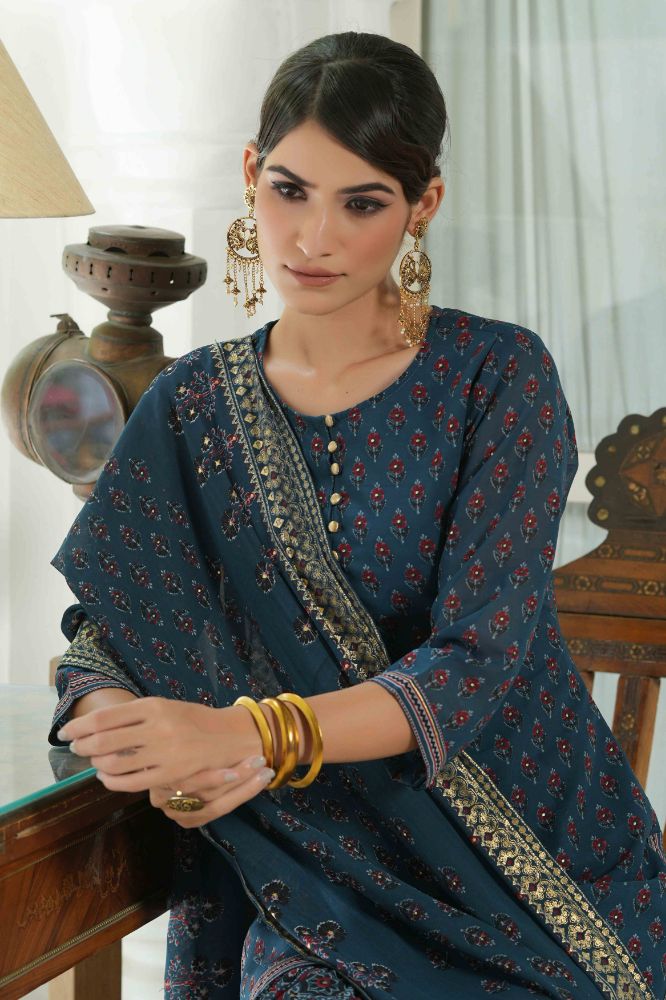 Juniper Teal Georgette Festive Floral Print Straight Tunic-Sharara Dupatta For Women | Swadesiicart