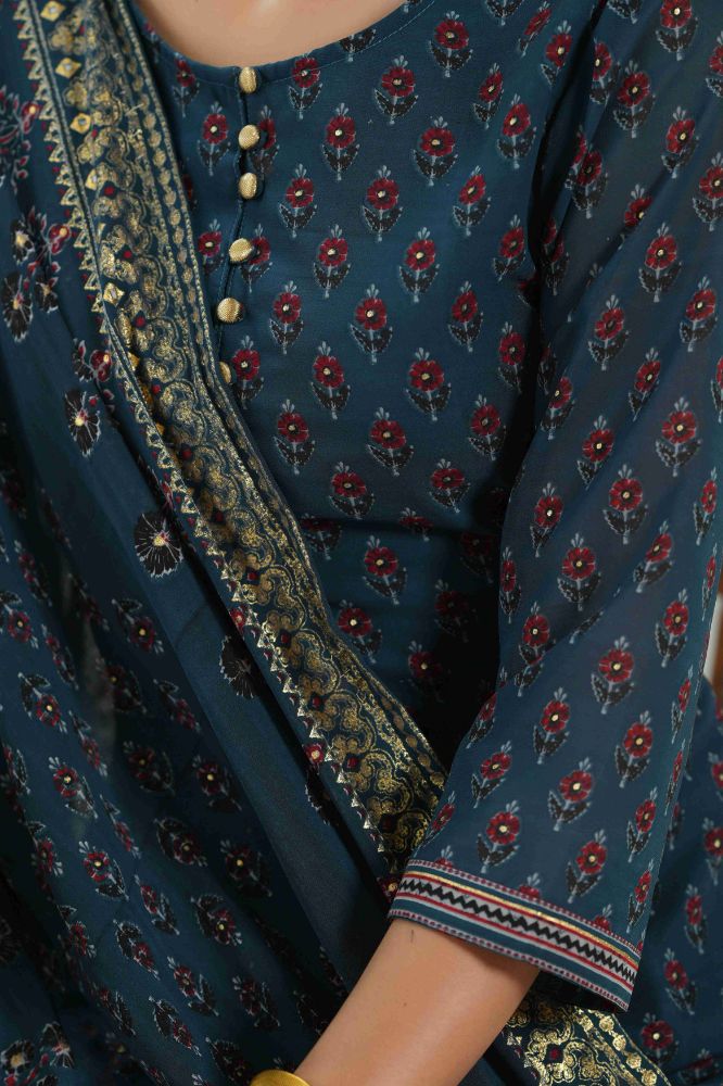 Juniper Teal Georgette Festive Floral Print Straight Tunic-Sharara Dupatta For Women | Swadesiicart