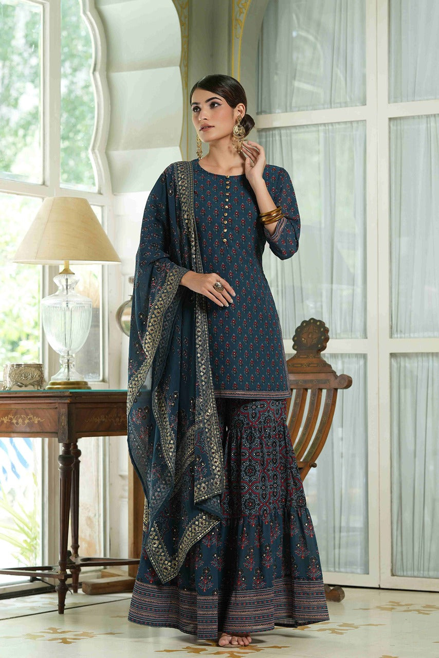 Juniper Teal Georgette Festive Floral Print Straight Tunic-Sharara Dupatta For Women | Swadesiicart