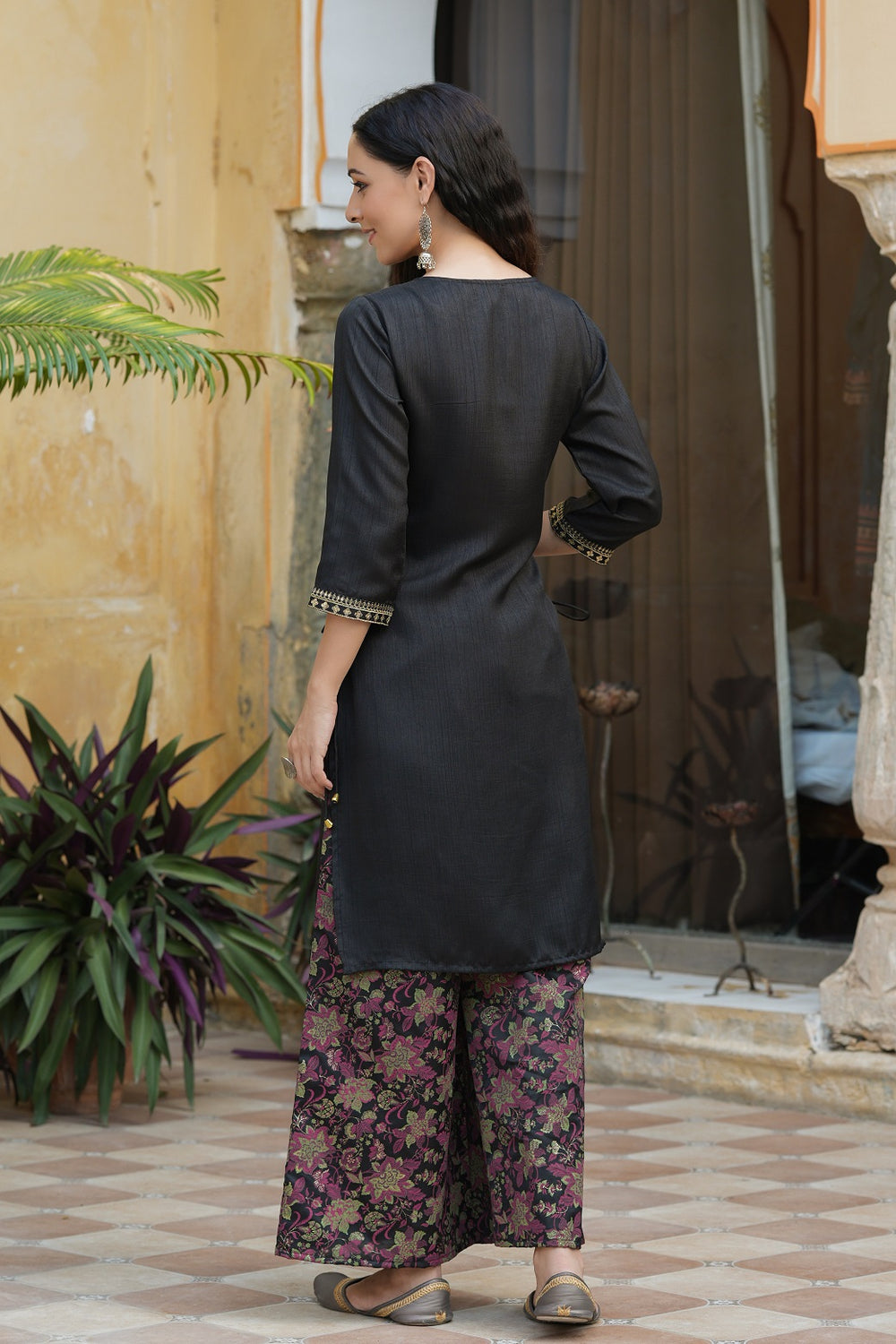 Juniper Black Satin Slub Festive Printed Straight Kurta Suit Set For Women | Swadesiicart