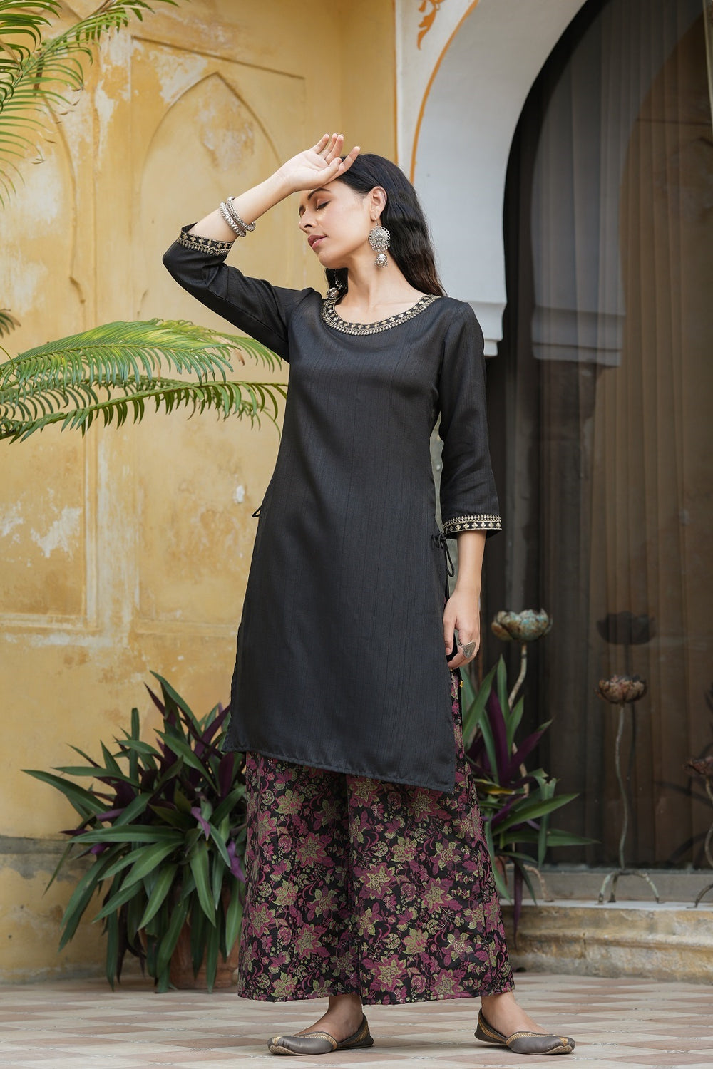 Juniper Black Satin Slub Festive Printed Straight Kurta Suit Set For Women | Swadesiicart