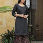 Juniper Black Satin Slub Festive Printed Straight Kurta Suit Set For Women | Swadesiicart