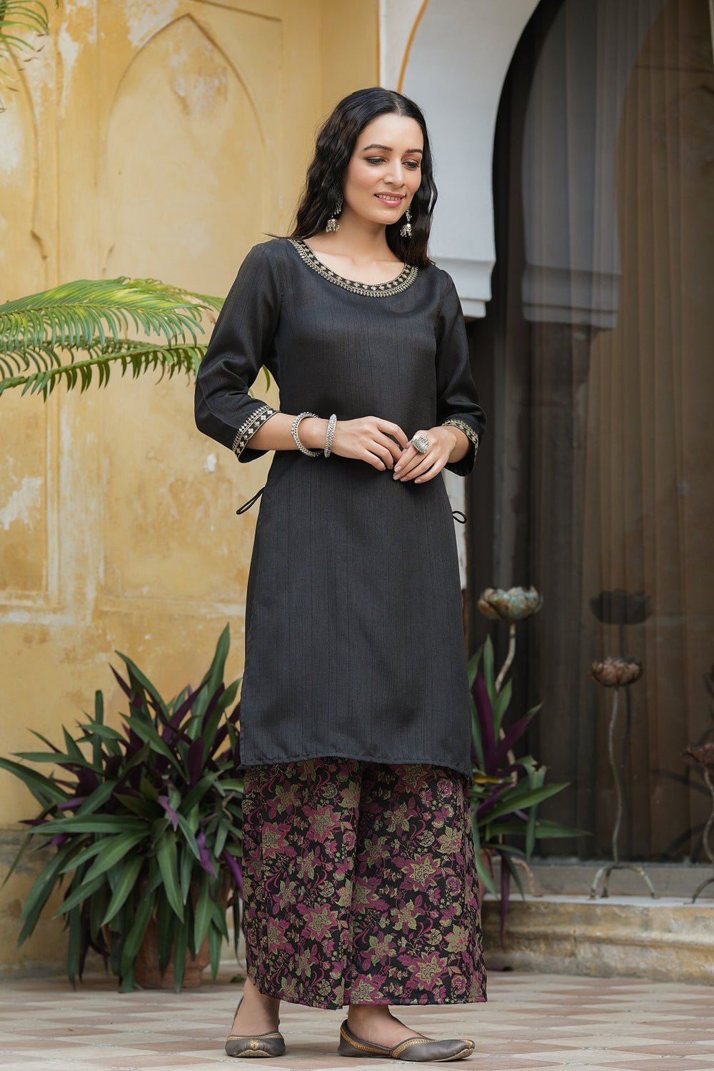 Juniper Black Satin Slub Festive Printed Straight Kurta Suit Set For Women | Swadesiicart