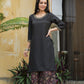 Juniper Black Satin Slub Festive Printed Straight Kurta Suit Set For Women | Swadesiicart