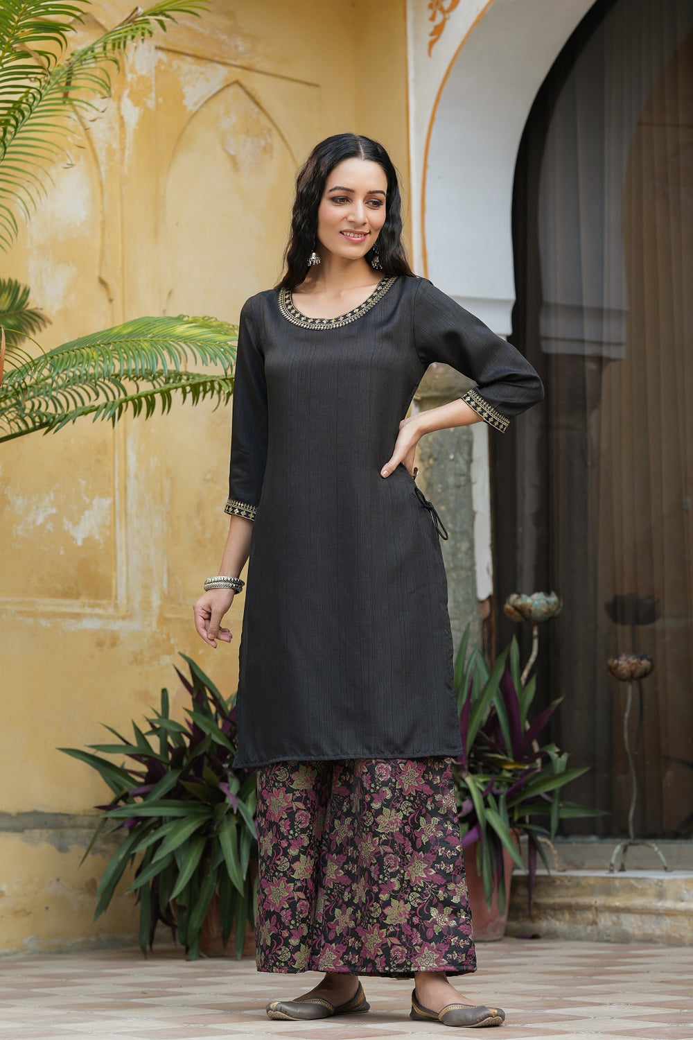 Juniper Black Satin Slub Festive Printed Straight Kurta Suit Set For Women | Swadesiicart