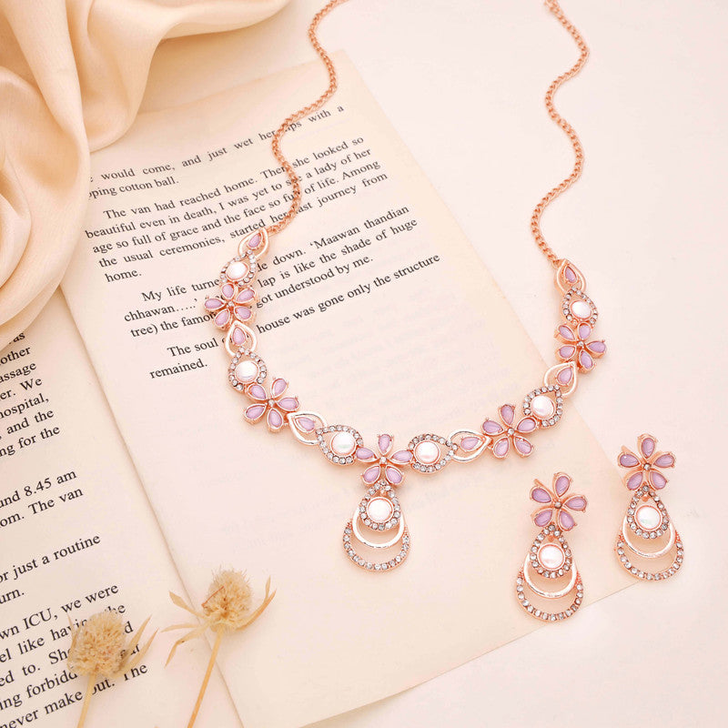 Tehzeeb Creations Rose Gold-Polished Lavender Colour Necklace With Stud - Swadesiicart