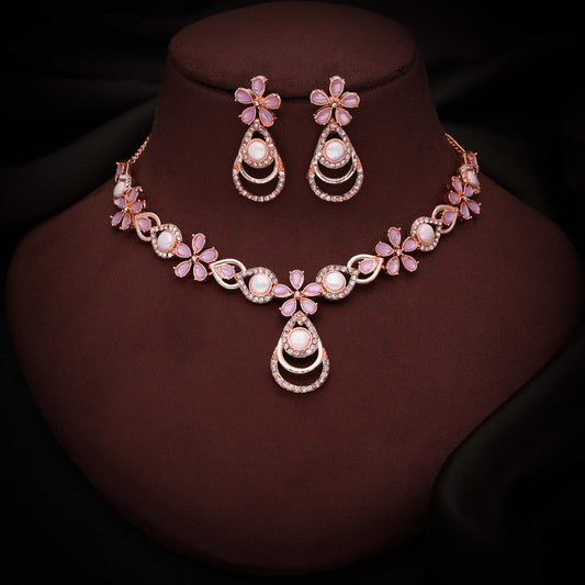Tehzeeb Creations Rose Gold-Polished Lavender Colour Necklace With Stud - Swadesiicart