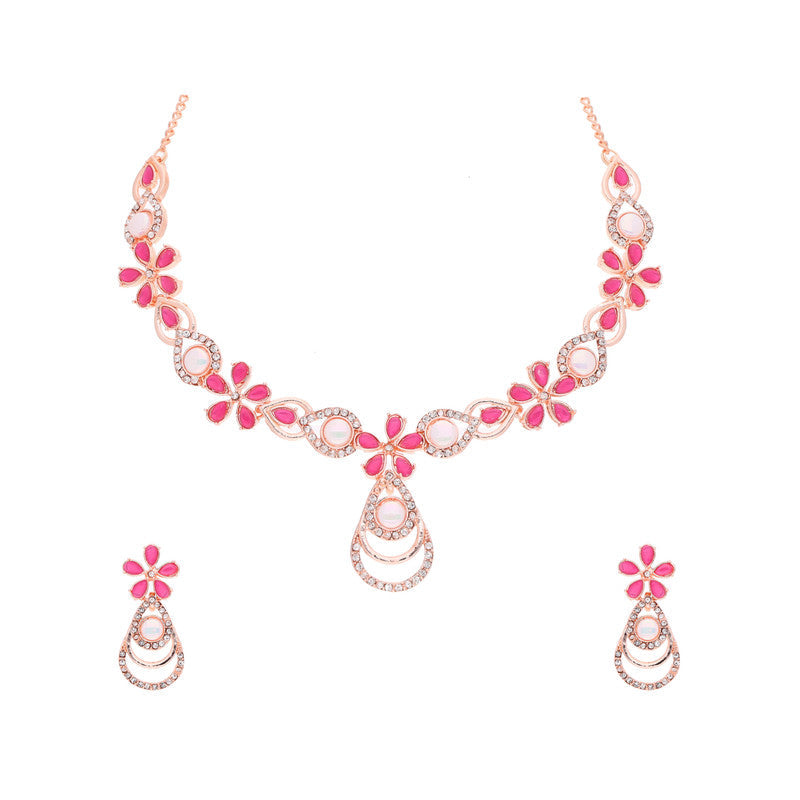 Tehzeeb Creations Rose Gold-Polished Pink Colour Necklace With Stud - Swadesiicart