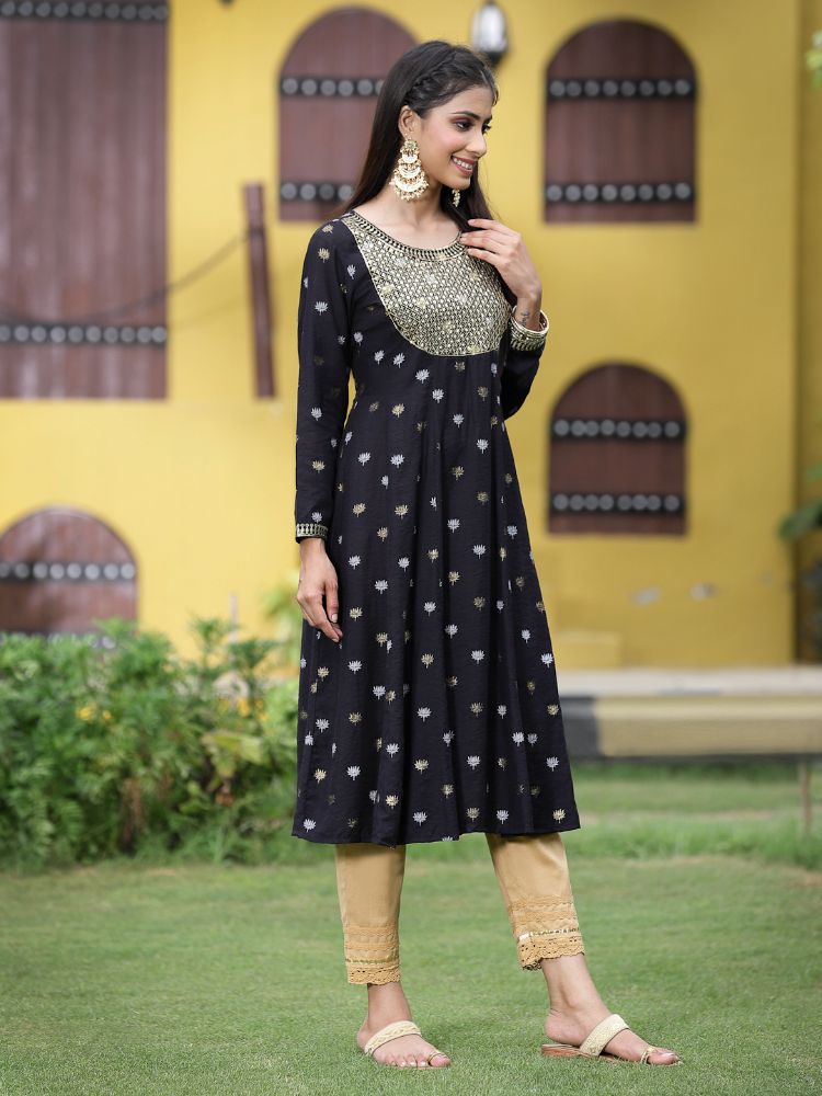 Juniper Women Black Rayon Festive Foil Printed Anarkali Flared Anarkali Kurta | Swadesiicart