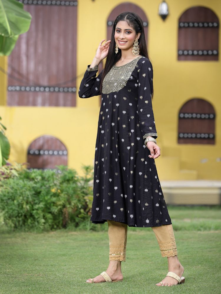 Juniper Women Black Rayon Festive Foil Printed Anarkali Flared Anarkali Kurta | Swadesiicart